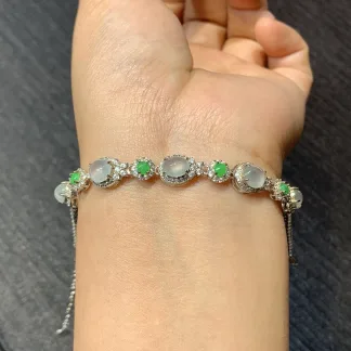 High-Icy Glowing Natural Jadeite Cabochon Bracelet — S925 Silver · No. 18AA