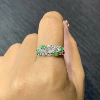 High-Icy White and Green Natural Jadeite Cabochon Ring — S925 Silver · No. 1366