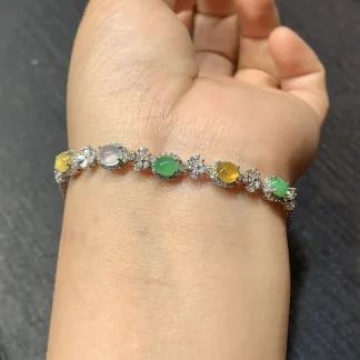 High-Icy Multicolor Natural Jadeite Cabochon Bracelet — S925 Silver · No. 71BB