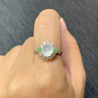 High-Icy Glowing Natural Jadeite Cabochon Ring — S925 Silver · No. 5D4F