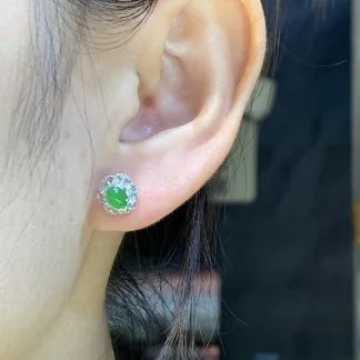 High-Icy Vivid Green Natural Jadeite Cabochon Stud Earrings — 18K Gold · No. D11E