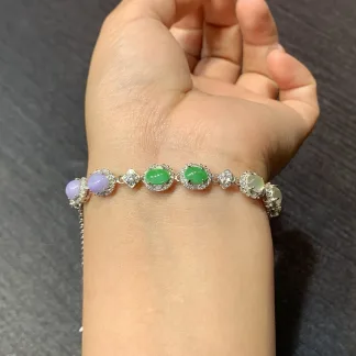 High-Icy Tricolor Natural Jadeite Cabochon Bracelet — S925 Silver · No. 5F6A