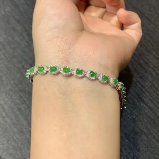 High-Icy Intense Vivid Green Natural Jadeite Cabochon Bracelet — S925 Silver · No. 0088