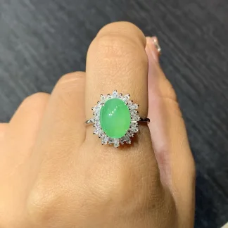 High-Icy Soft Vivid Green Natural Jadeite Cabochon Ring — S925 Silver · No. F413