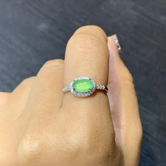 Icy Clear Green Natural Jadeite Cabochon Ring — S925 Silver · No. 0D5C