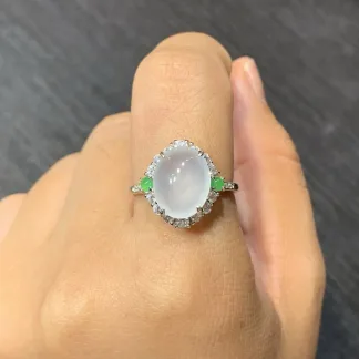 Icy Layered Cabochon Natural Jadeite Cabochon Ring — S925 Silver · No. 26C8