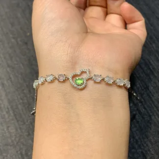 High-Icy White and Green Gourd Natural Jadeite Cabochon Bracelet — S925 Silver · No. F7EE