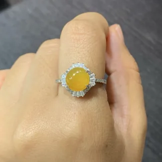 High-Icy Honey Yellow Natural Jadeite Cabochon Ring — S925 Silver · No. 9082
