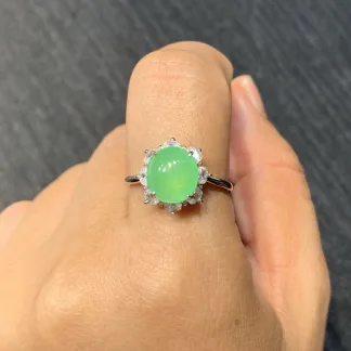 High-Icy Soft Vivid Green Natural Jadeite Cabochon Ring — S925 Silver · No. D1D6