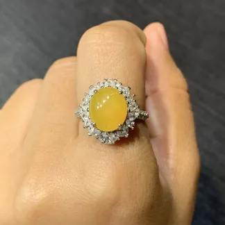 High-Icy Honey Yellow Natural Jadeite Cabochon Ring — S925 Silver · No. 0D3C