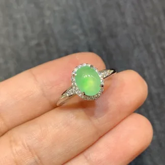 High-Icy Clear Green Natural Jadeite Cabochon Ring — S925 Silver · No. 4964
