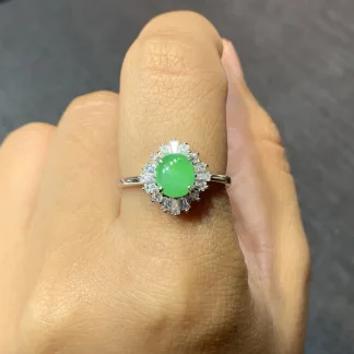 Icy Vivid Green Natural Jadeite Cabochon Ring — S925 Silver · No. 809D