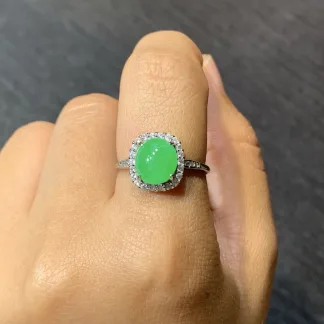 Icy Vivid Green Natural Jadeite Cabochon Ring — S925 Silver · No. A103