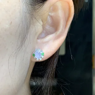 High-Icy Glowing Pale Lavender Natural Jadeite Cabochon Stud Earrings — S925 Silver · No. 1398