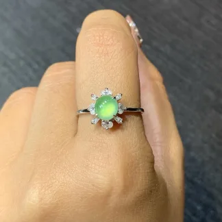 Icy Glowing Green Natural Jadeite Cabochon Ring — S925 Silver · No. E42A