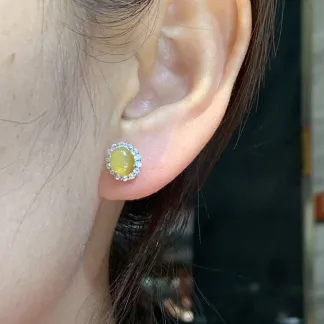 High-Icy Honey Yellow Natural Jadeite Cabochon Stud Earrings — S925 Silver · No. FED2