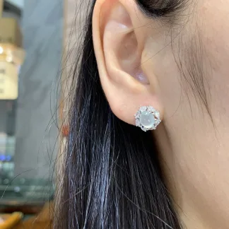 High-Icy Glowing Natural Jadeite Cabochon Stud Earrings — S925 Silver · No. 7566