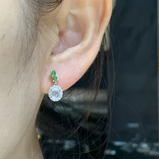 High-Icy Glowing White and Vivid Green Natural Jadeite Cabochon Drop Earrings — S925 Silver · No. 7824