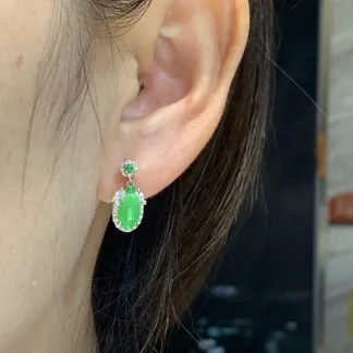 Icy Vivid Green Natural Jadeite Cabochon Stud Earrings — S925 Silver · No. 3509