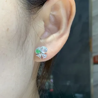 High-Icy White and Green Butterfly Natural Jadeite Cabochon Stud Earrings — S925 Silver · No. 7397