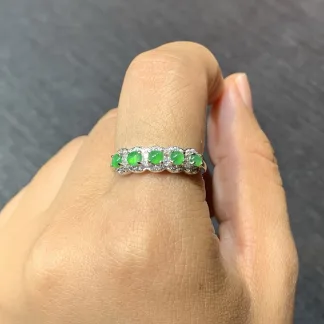 Icy Vivid Green Natural Jadeite Multi-Stone Cabochon Band — S925 Silver · No. B51C