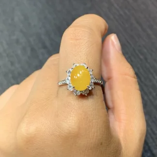 High-Icy Honey Yellow Natural Jadeite Cabochon Ring — S925 Silver · No. D037