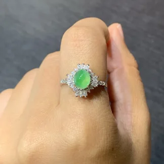 Icy Vivid Green Natural Jadeite Cabochon Ring — S925 Silver · No. 6477