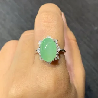 High-Icy Full Green Large Cabochon Natural Jadeite Cabochon Ring — S925 Silver · No. E05B