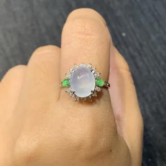 High-Icy Glowing Natural Jadeite Cabochon Ring — S925 Silver · No. F21F