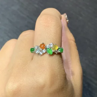 High-Icy Multicolor Natural Jadeite Cabochon Ring — S925 Silver · No. 9152