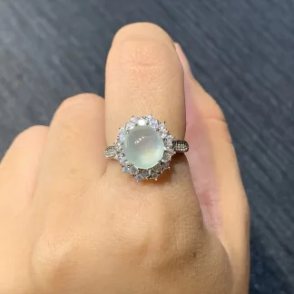 High-Icy Glowing Clear Natural Jadeite Cabochon Ring — S925 Silver · No. 9E2C