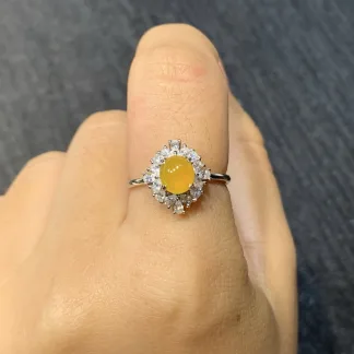 High-Icy Honey Yellow Natural Jadeite Cabochon Ring — S925 Silver · No. D001