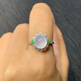 High-Icy Glowing Natural Jadeite Cabochon Ring — S925 Silver · No. 7449