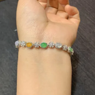 High-Icy Multicolor Natural Jadeite Cabochon Bracelet — S925 Silver · No. 947A
