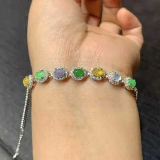 High-Icy Multicolor Natural Jadeite Cabochon Bracelet — S925 Silver · No. 5DDB