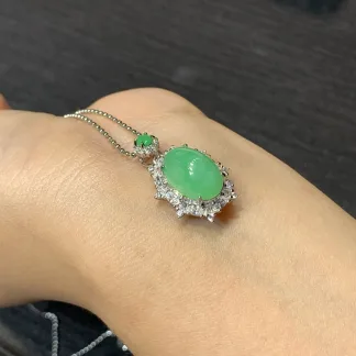 Icy Vivid Green Natural Jadeite Cabochon Pendant — S925 Silver · No. AA89
