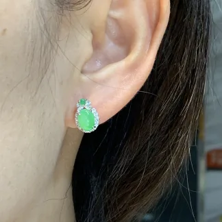 Icy Vivid Green Natural Jadeite Cabochon Stud Earrings — S925 Silver · No. 845A