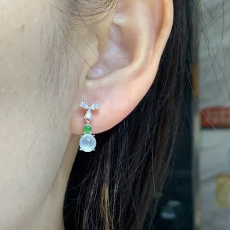 High-Icy Glowing Natural Jadeite Cabochon Drop Earrings — S925 Silver · No. 0E62