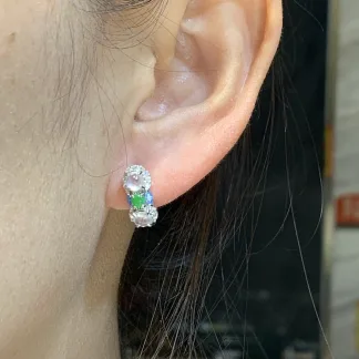 High-Icy Glowing Natural Jadeite Cabochon Huggie Earrings — S925 Silver · No. 3670