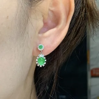 High-Icy Vivid Green Natural Jadeite Cabochon Drop Earrings — S925 Silver · No. 33B4
