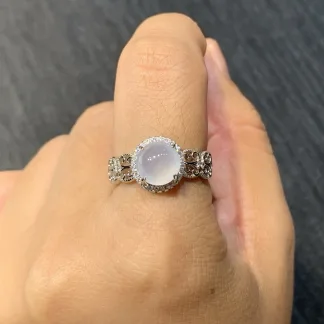 High-Icy Lustrous Natural Jadeite Cabochon Ring — S925 Silver · No. D4D1