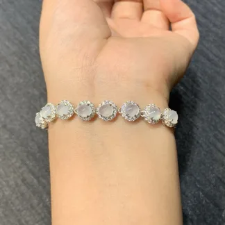 High-Icy Glowing Natural Jadeite Cabochon Bracelet — S925 Silver · No. 3EE4