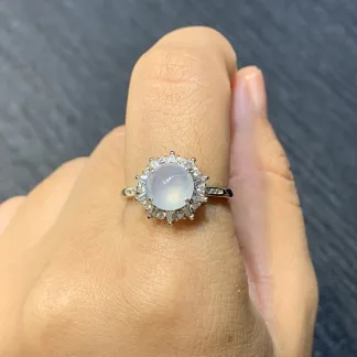 High-Icy Glowing Natural Jadeite Cabochon Ring — S925 Silver · No. 1B04