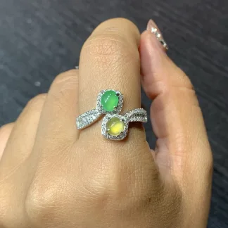 High-Icy Yellow and Green Natural Jadeite Cabochon Ring — S925 Silver · No. F59A