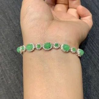 Icy Vivid Green Natural Jadeite Cabochon Bracelet — S925 Silver · No. 06A8