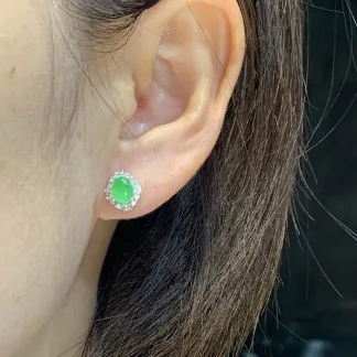 Icy Vivid Green Natural Jadeite Cabochon Stud Earrings — S925 Silver · No. 9958