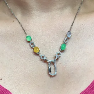 High-Icy Multicolor Natural Jadeite Convertible Cabochon Chain — S925 Silver · No. 944E