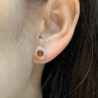 High-Icy Russet Red Natural Jadeite Cabochon Stud Earrings — S925 Silver · No. 5008
