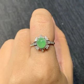 Icy Vivid Green Natural Jadeite Cabochon Ring — S925 Silver · No. 97BC