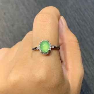 High-Icy Glowing Green Natural Jadeite Cabochon Ring — S925 Silver · No. 387E